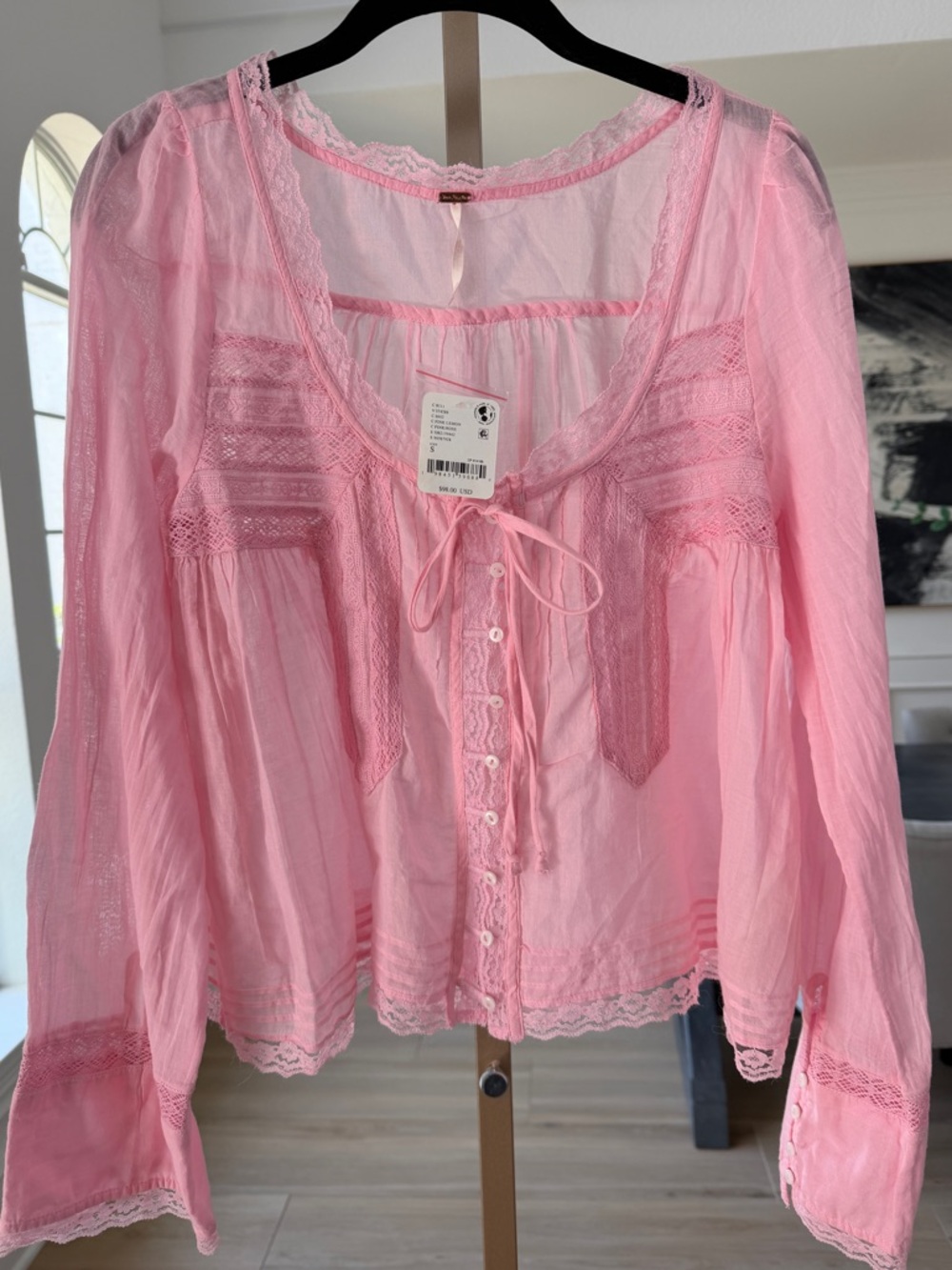 Pink Lace-Trim Peasant Blouse - Women Tops
